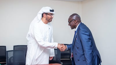 Dr Sultan Al Jaber meets Collins Nzovu, Zambia’s Minister of Green Economy and Environment, in Nairobi on a day the UAE pledged billions to help African nations develop green energy sources. Photo: Cop28