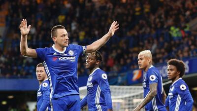 John Terry scored the opening goal against Watford in what could be his final Premier League game for Chelsea on Monday night. Adrian Dennis / AFP