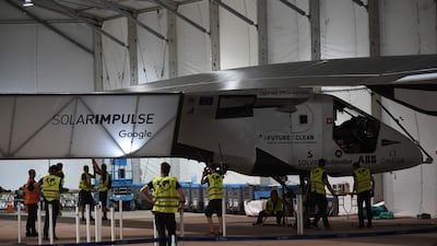 Solar Impulse 2 stands parked in its temporary hanger after landing at Phoenix Goodyear Airport. AFP