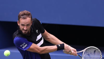 Daniil Medvedev returns the ball to Andrey Rublev during the US Open quarter-finals. AFP