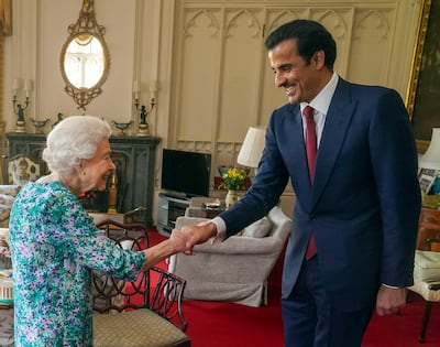 The late Queen Elizabeth II receives Emir of Qatar Sheikh Tamim at Windsor Castle in May 2022. Getty Images