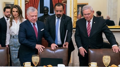 King Abdullah, Queen Rania and Prince Hussein meet Senate Foreign Relations Committee Chairman Robert Menendez. AP