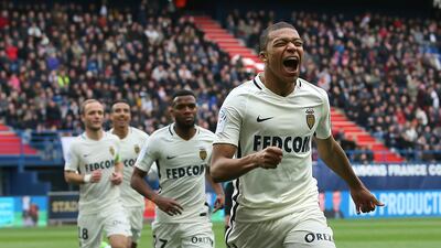 Monaco's Kylian Mbappe celebrates after scoring against Caen in a 2017 Ligue 1 match. AP