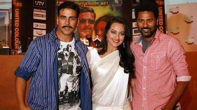 From left: Bollywood actors Akshay Kumar and Sonakshi Sinha and director Prabhudheva at the press conference.