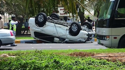 An overturned car after an accident in Abu Dhabi. Manuel Salazar / The National