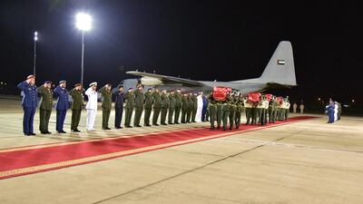 The fallen soldiers received full military honours at Al Bateen Airport on Wednesday evening.