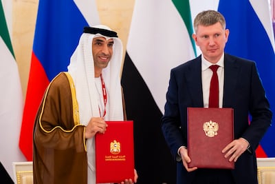 Dr Thani Al Zeyoudi, UAE Minister of Foreign Trade, and Maxim Reshetnikov, Minister of Economic Development of Russia signed the deal in August last year. Photo: UAE Presidential Court