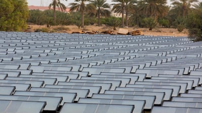 Source Global’s hydropanels at the planned site of the IBV drinking water plant in Lehbab, Dubai. start producing water at 6 per cent humidity in the air stand Bloomberg