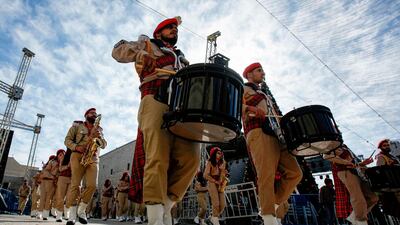 Palestinian scout troops perform during a parade ahead of the arrival of the Relic of the Holy Crib of the Child Jesus at the Church of the Nativity compound in Bethlehem, a gift from the Pope Francis to the Custody of the Holy Land. AFP