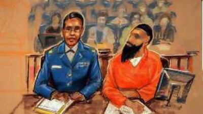 Binyam Mohammed, right, sits with his unidentified defence counsel in the US military courtroom in Guantanamo Bay, Cuba, in April in this sketch.