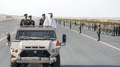 Sheikh Mohammed bin Zayed, Crown Prince of Abu Dhabi and Deputy Supreme Commander of the UAE Armed Forces, inspects National Service cadets at Zayed Military City. Hamad Al Kaabi / Crown Prince Court - Abu Dhabi