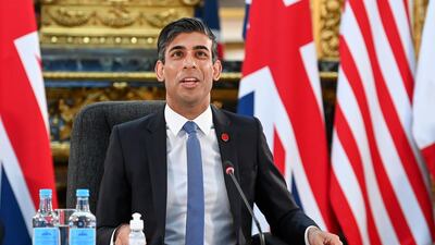 Britain's Chancellor of the Exchequer Rishi Sunak speaks during the first day of the G7 Finance Ministers summit in London. Bloomberg
