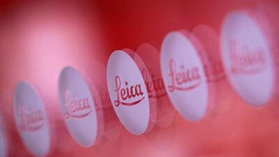 The logo of Leica at its production facility in Solms, western Germany. Daniel Roland / AFP