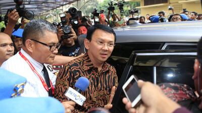 Jakarta Governor Basuki Tjahaja 'Ahok' Purnama shortly after he was questioned police aspart of a blasphemy inquiry on 7 November 2016. EPA/ADI WEDA