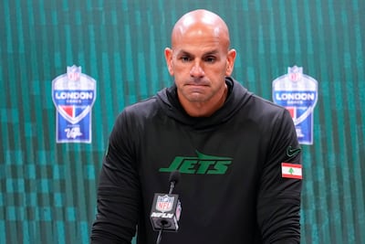 New York Jets head coach Robert Saleh wearing a Lebanese flag patch on his shirt sleeve on October 6. AP