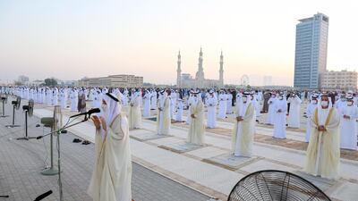 Sheikh Saud bin Saqr Al Qasimi, the Ruler of Ras Al Khaimah, performs Eid Al Fitr prayers at the Eid Grand Musalla in Khuzam. Wam