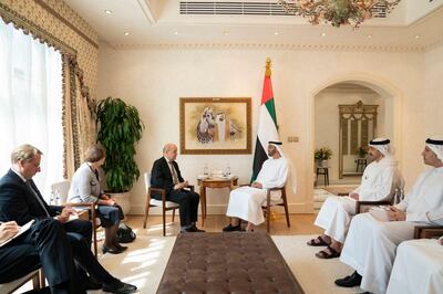 Sheikh Mohamed and Mr Le Drian meet in Abu Dhabi on Monday. Sheikh Abdullah bin Zayed, Minister of Foreign Affairs and International Cooperation and Khaldoon Al Mubarak, managing director and group chief executive of Mubadala, also attended. Courtesy: Ministry of Presidential Affairs