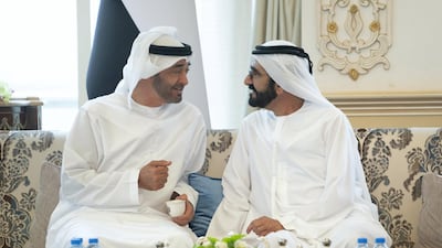 Sheikh Mohammed bin Rashid in conversation with Sheikh Mohamed bin Zayed.