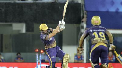 Pat Cummins of Kolkata Knight Riders gets bowled