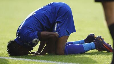 Leicester City’s Ahmed Musa celebrates scoring their first goal. Eddie Keogh / Reuters
