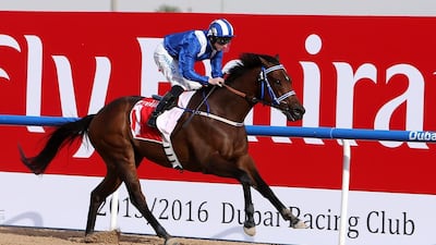 Muarrab, ridden by Paul Hanagan, crosses the finish line to win the 2016 Dubai Golden Shaheen at the Dubai World Cup in March. Pawan Singh / The National
