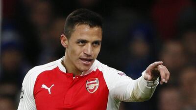 Alexis Sanchez of Arsenal celebrates his first goal on Tuesday night in the Champions League against Dynamo Zagreb. Stefan Wermuth / Reuters