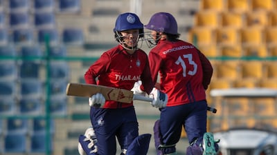Chanida Sutthitruang and Nannapat Khoncharoenkani of Thailand in action during the Women's T20 World Cup Qualifier, UAE v Thailand.