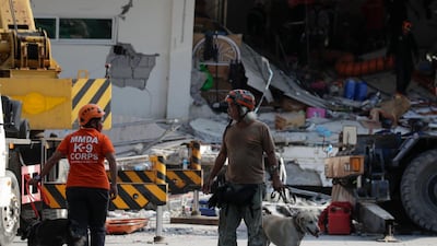 epa07522102 Emergency responders with K-9 dogs join search operations at a collapsed commercial building in Porac town, Pampanga Province, north of Manila, Philippines, 23 April 2019. A 6.1-magnitude earthquake occurred on 22 April in the Philippine region of Luzon with an epicenter located northeast of Zambales province, according to data from the Philippine Institute of Volcanology and Seismology (Phivolcs). According to latest data from the National Disaster Risk Reduction and Management Council (NDRRMC), at least seven people were killed, 81 were hurt and 24 are still missing. EPA/FRANCIS R. MALASIG