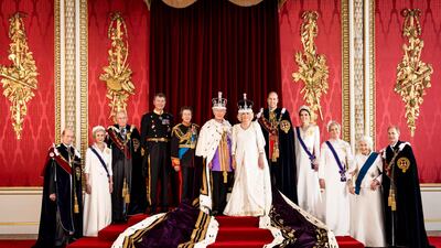 A handout photo taken and released by Buckingham Palace on May 8, 2023 shows (L-R) Britain's Prince Edward, Duke of Kent, Britain's Birgitte, Duchess of Gloucester, Britain's Prince Richard, Duke of Gloucester, Vice Admiral Timothy Laurence, Britain's Princess Anne, Princess Royal, Britain's King Charles III, Britain's Queen Camilla, Britain's Prince William, Prince of Wales, Britain's Catherine, Princess of Wales, Britain's Sophie, Duchess of Edinburgh, Britain's Princess Alexandra, the Hon. Lady Ogilvy, Britain's Prince Edward, Duke of Edinburgh posing for a family photograph in Buckingham Palace, London. - The portrait has been released to mark their Coronation on May 6, 2023. (Photo by Hugo BURNAND / BUCKINGHAM PALACE / AFP) / RESTRICTED TO EDITORIAL USE - MANDATORY CREDIT "AFP PHOTO / BUCKINGHAM PALACE / HUGO BURNAND / ROYAL HOUSEHOLD 2023 " - NO MARKETING NO ADVERTISING CAMPAIGNS - DISTRIBUTED AS A SERVICE TO CLIENTS - NO DIGITAL MANIPULATION This photograph can not be used after 0001 January 1, 2024, without prior, written permission from Royal Communications. After that date, no further licensing can be made. The portrait should be used in the context of Their Majesties' Coronation. Any questions relating to the use of the photographs should be first referred to Buckingham Palace before publication. The photograph is provided to you strictly on condition that you will make no charge for the supply, release or publication of it and that these conditions and restrictions will apply (and that you will pass these on) to any organisation to whom you supply it. There shall be no commercial use whatsoever of the photograph (including by way of example) any use in merchandising, advertising or any other non-news editorial use. The photograph must not be digitally enhanced, manipulated or modified in any manner or form. /