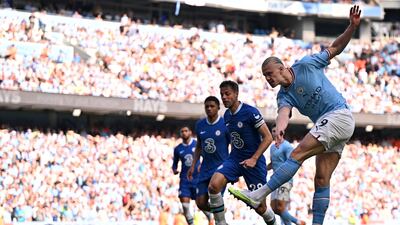 City substitute Erling Haaland shoots at goal. AFP