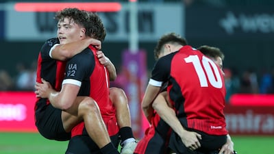 Action from the Gulf Under-19 Boys final between DESS College and Dubai College at the Emirates Dubai Sevens. Victor Besa / The National