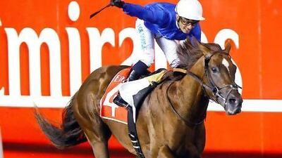 Silvestre de Sousa, who rode Hunter's Light to victory last night, says the five year old has a shot at the Dubai World Cup. Satish Kumar / The National