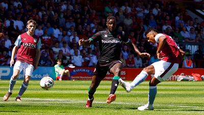 Aston Villa's Ollie Watkins scores against Walsall at Bescot Stadium, on July 9. Reuters