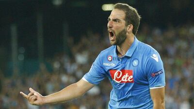 Gonzalo Higuain of Napoli celebrates his equaliser against Athletic Bilbao on Tuesday night in their 1-1 first-leg draw. Ciro De Luca / EPA