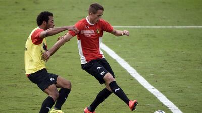 Moussa Dembele, left, and Adnan Januzaj, right, shown during a Belgium training session on Saturday ahead of their World Cup 2014 opener. Martin Bureau / AFP / June 14, 2014