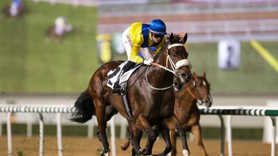 Christophe Soumillon and Vercingetorix land a seventh Al Rashidiya for trainer Mike de Kock, and fourth straight, at Meydan Racecourse, Dubai. Andrew Watkins / Dubai Racing Club