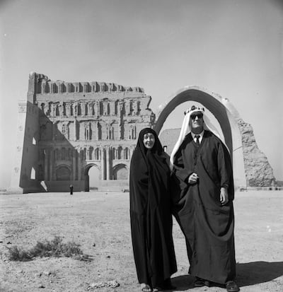 Famed Iraqi photographer Latif Al Ani captured Orin and Rita Parker in front of the Arch of Ctesiphon in 1964. Photo: Latif Al Ani Collection; Arab Image Foundation