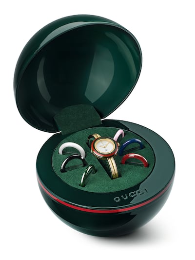 Gucci is embracing nostalgia, reviving an 1980s-inspired bangle watch with interchangeable ceramic bezels. Photo: Gucci
