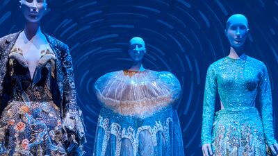 Three looks on display by Rahul Mishra from spring/summer 2023