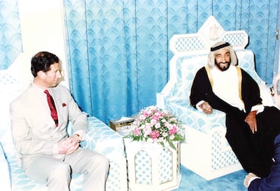 UAE Founding Father, the late Sheikh Zayed bin Sultan Al Nahyan with Charles, then the Prince of Wales, during the British royal's visit to the UAE in 1989. Al Ittihad