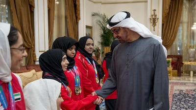 Sheikh Mohammed bin Zayed, Crown Prince of Abu Dhabi and Deputy Supreme Commander of the Armed Forces, with members of the UAE Paralympic Games team at the Sea Palace. Rashed Al Mansoori / Crown Prince Court - Abu Dhabi