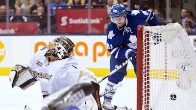 Phil Kessel scores one of his three goals on Tuesday night. Nathan Denette / AP / The Canadian Press
