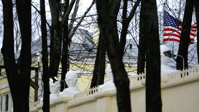 The US flag flies behind a fence at the embassy in Minsk, capital of Belarus. AFP