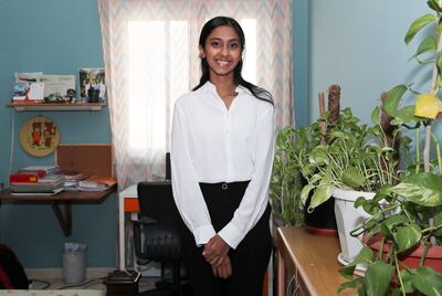 Radha Hari at her home in Dubai after learning she won the scholarship. Radha ultimately wants to enter the field of investment banking. Pawan Singh / The National