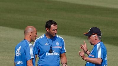 Carlo Ancelotti, has brought Paul Clement, second left, along to Real Madrid, where he works along side the Italian and Zinedine Zidane, left. Gonzalo Arroyo Moreno / Getty Images