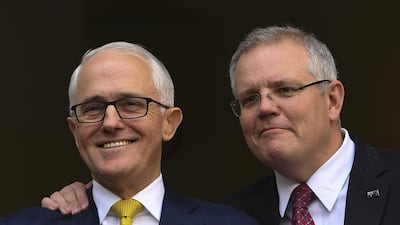 epaselect epa06967830 Then Australian Prime Minister Malcolm Turnbull and Australian Federal Treasurer Scott Morrison speak to the media during a press conference at Parliament House in Canberra, Australian Capital Territory, Australia, 22 August 2018 (issued 24 August 2018). Scott Morrison is Australia's new prime minister after winning a liberal party vote for leadership. EPA/LUKAS COCH AUSTRALIA AND NEW ZEALAND OUT