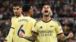 Bruno Guimaraes celebrates for Arsenal in their win at Sunderland last weekend. AFP