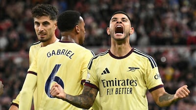 Bruno Guimaraes celebrates for Arsenal in their win at Sunderland last weekend. AFP
