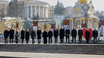 European leaders attend a memorial ceremony for fallen Ukrainian soldiers in Kyiv, three years to the day since Russia invaded. AP