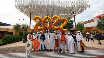 A band plays during New Year celebrations in front of the Australian pavilion at Expo 2020 Dubai. AFP